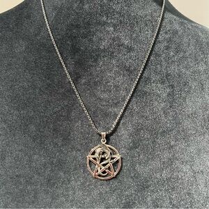 Sterling Silver Dragon Pentagram Pendant with Stainless Steel Chain 22” Necklace